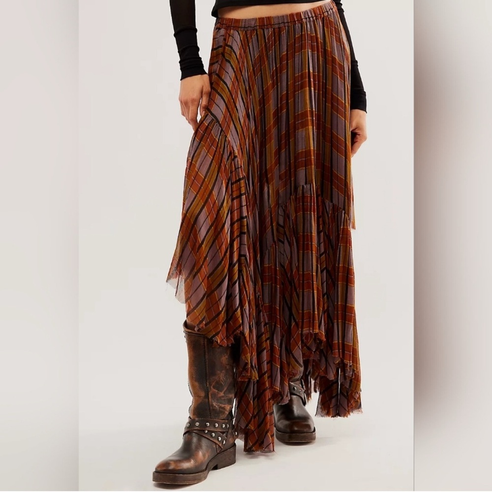 Free People One Clover Plaid High Low Skirt in Brown and Orange